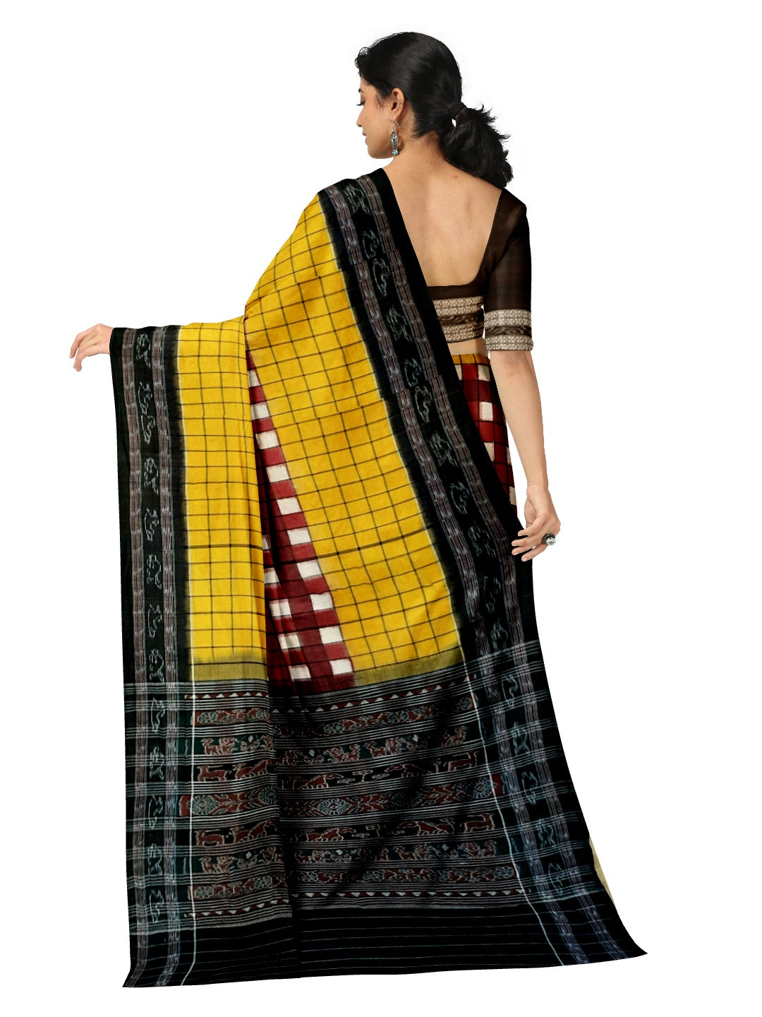 Maroon Yellow with black Sambalpuri Sachipar Cotton Saree with mix match blouse piece