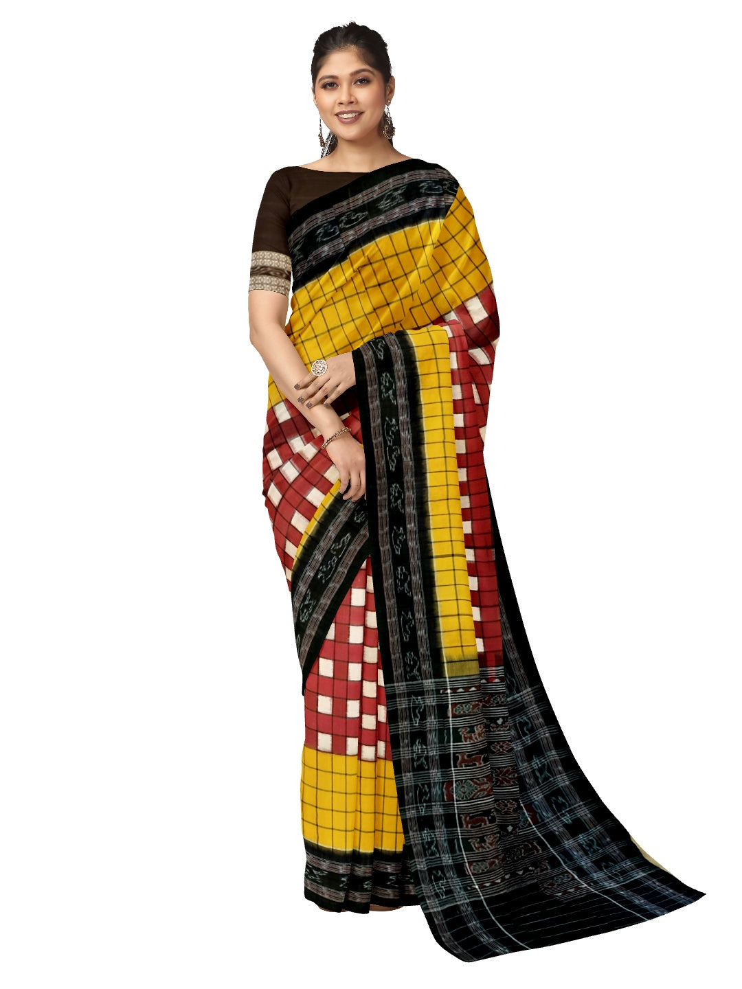 Maroon Yellow with black Sambalpuri Sachipar Cotton Saree with mix match blouse piece