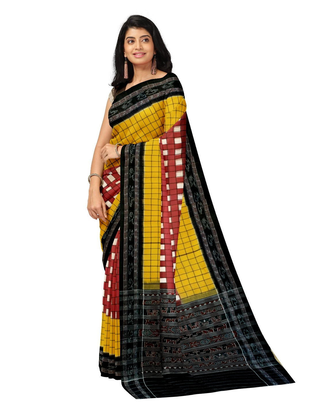Maroon Yellow with black Sambalpuri Sachipar Cotton Saree with mix match blouse piece