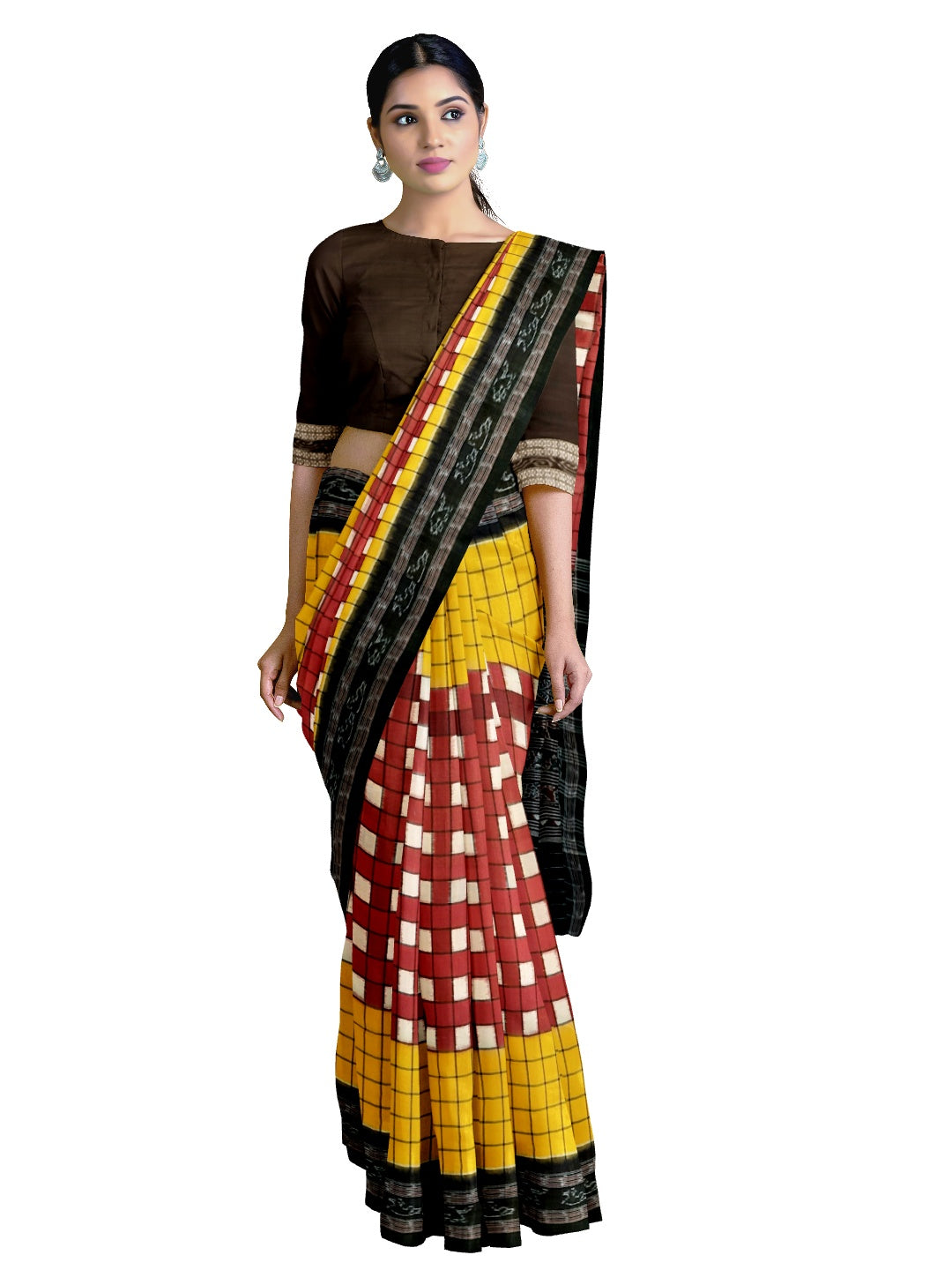 Maroon Yellow with black Sambalpuri Sachipar Cotton Saree with mix match blouse piece