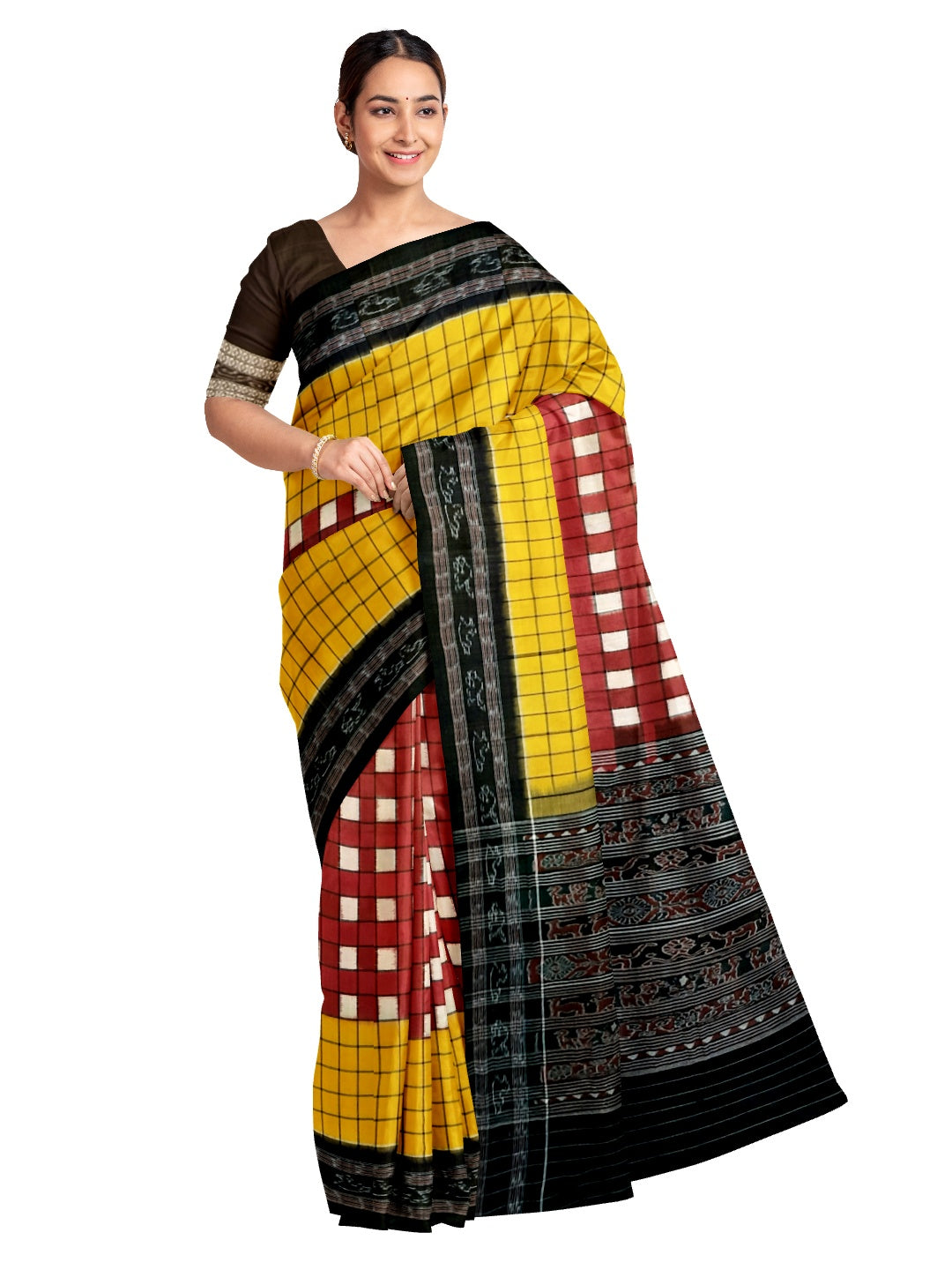 Maroon Yellow with black Sambalpuri Sachipar Cotton Saree with mix match blouse piece