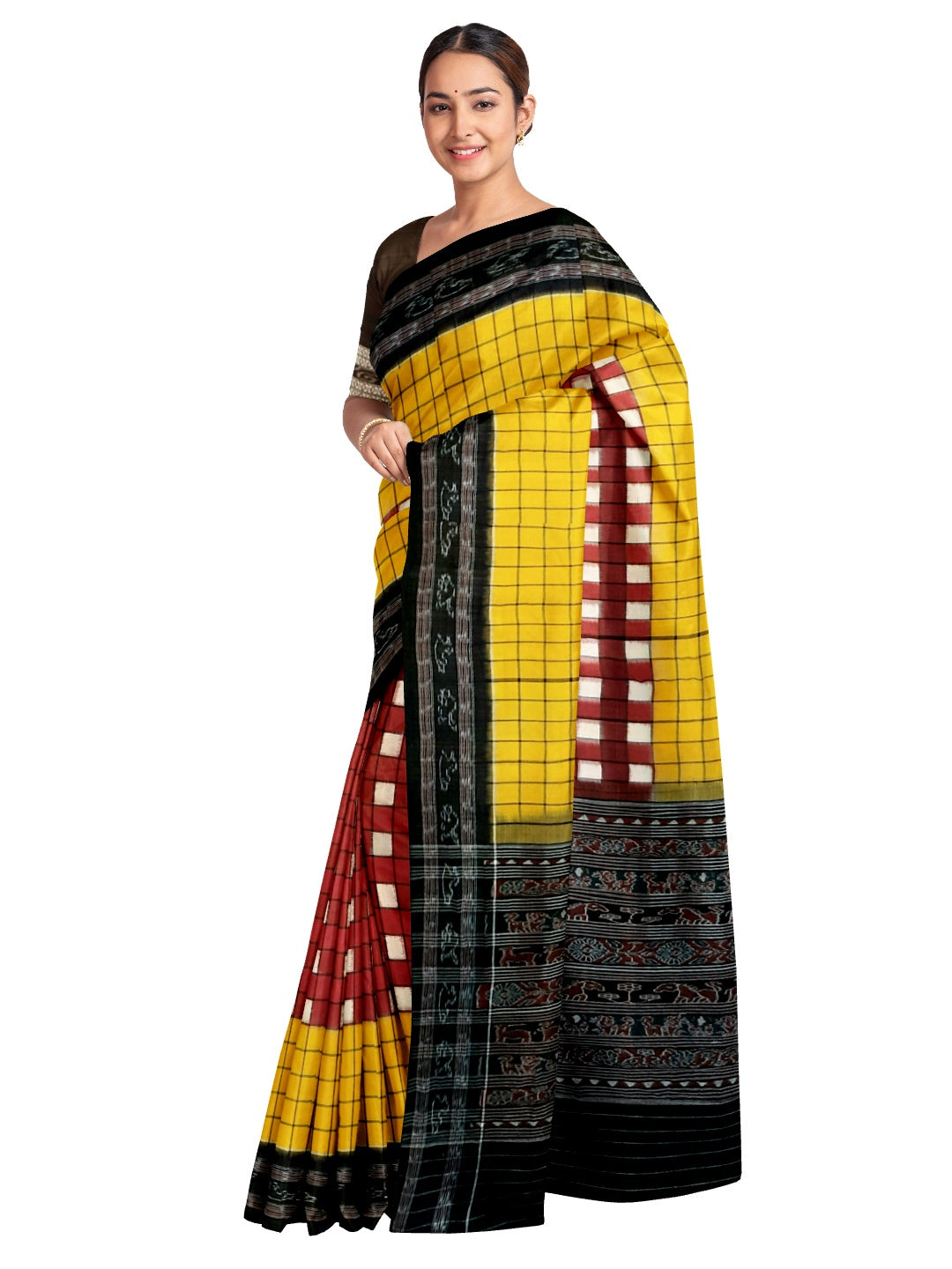 Maroon Yellow with black Sambalpuri Sachipar Cotton Saree with mix match blouse piece