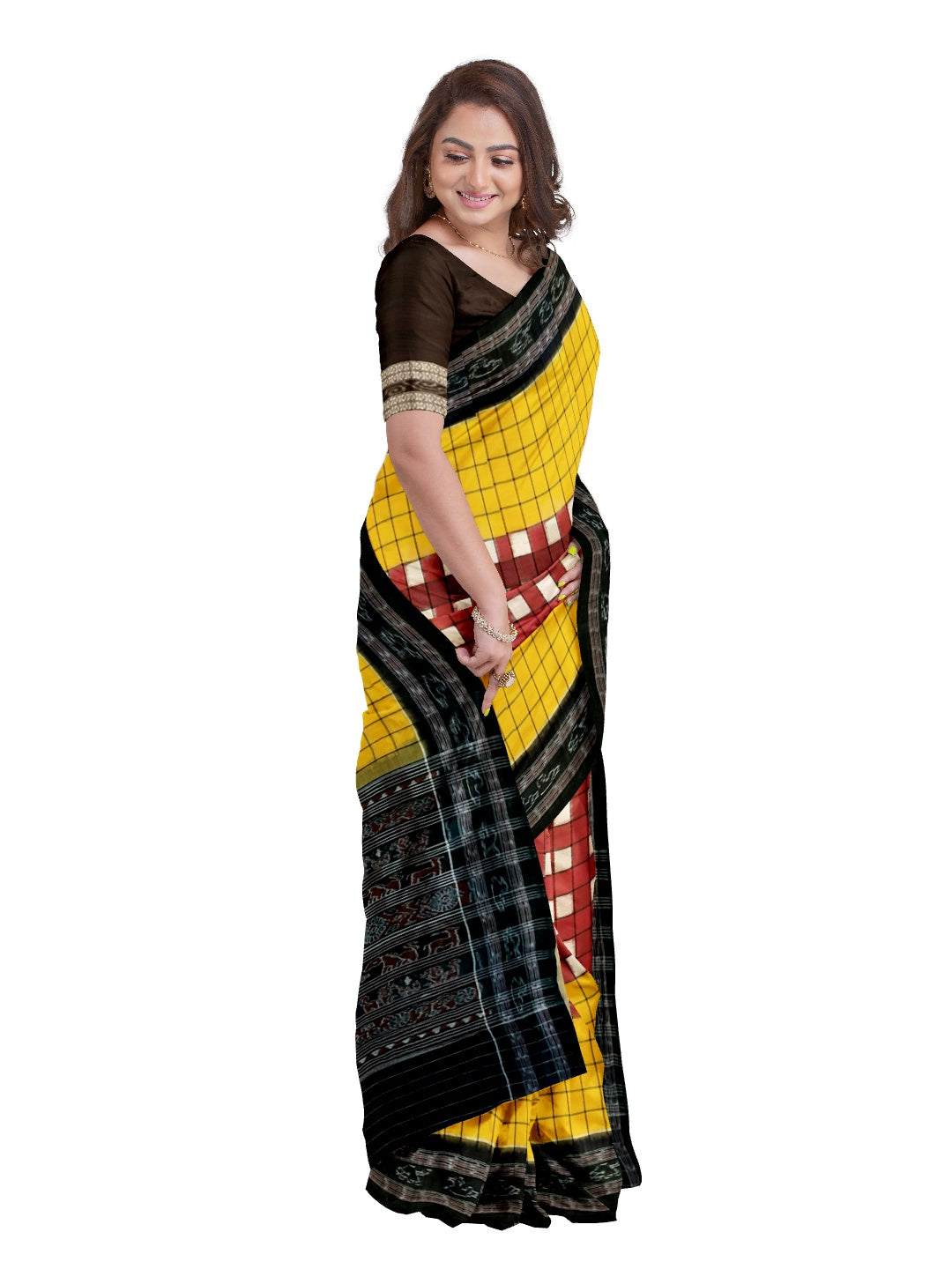 Maroon Yellow with black Sambalpuri Sachipar Cotton Saree with mix match blouse piece