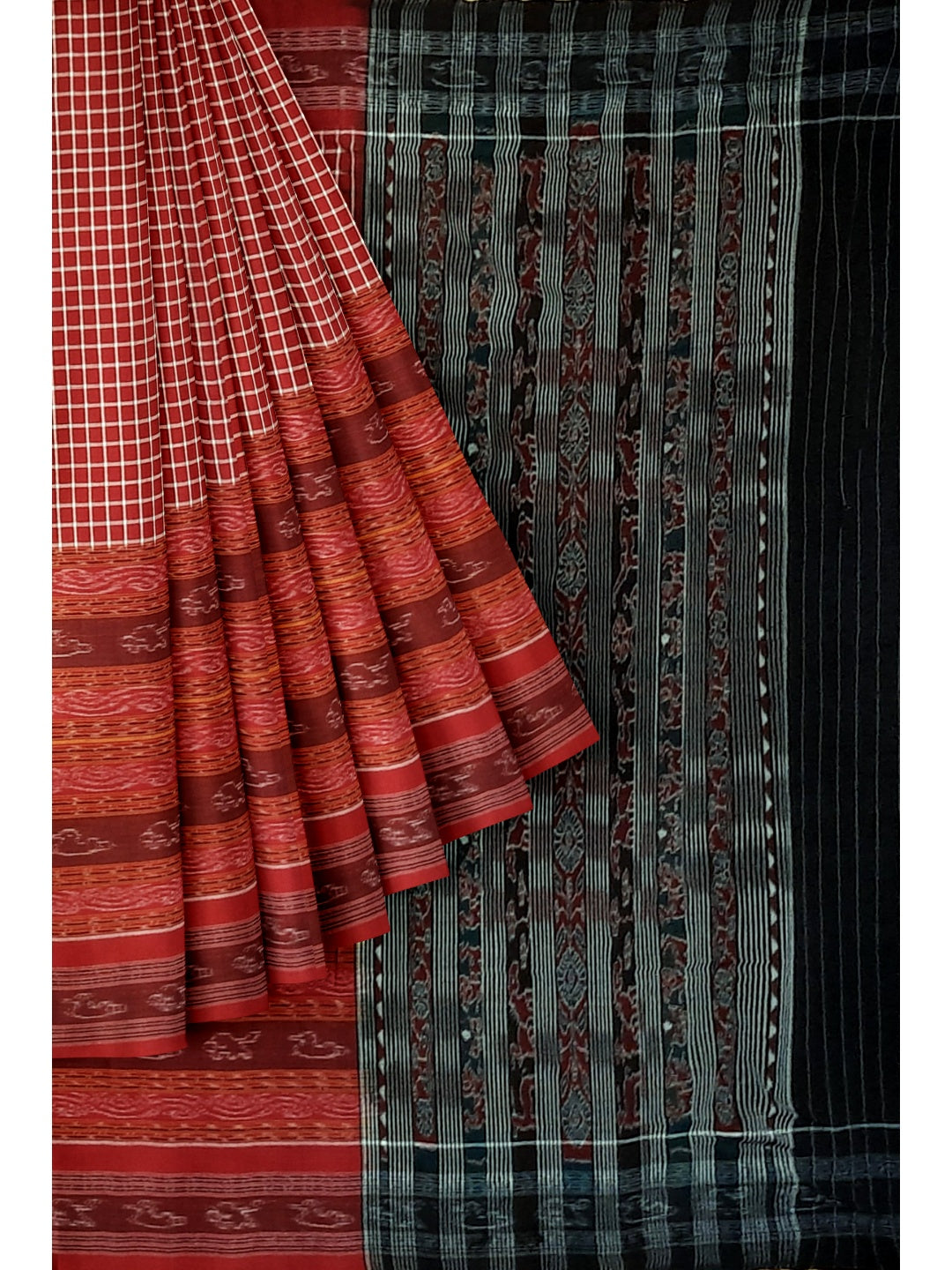 Maroon wide border Sambalpuri Sachipar Cotton Saree with mix match blouse piece