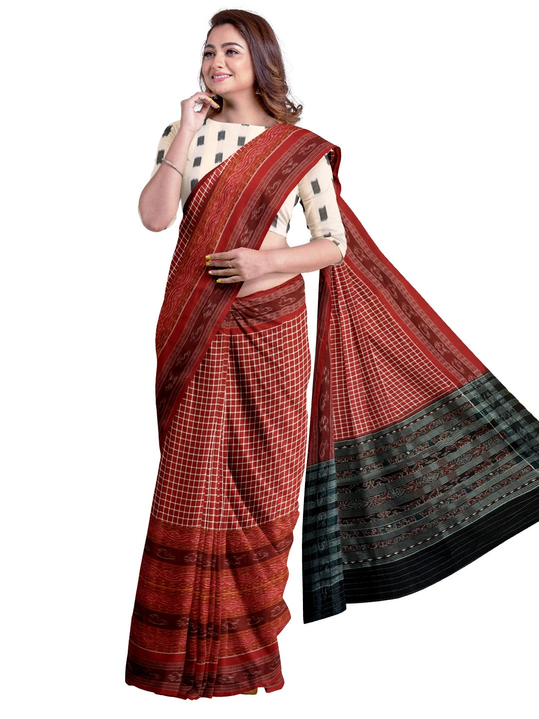 Maroon wide border Sambalpuri Sachipar Cotton Saree with mix match blouse piece