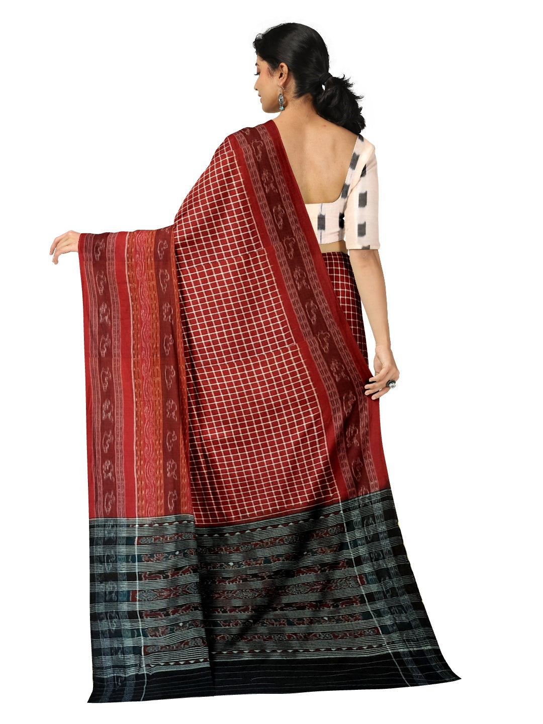 Maroon wide border Sambalpuri Sachipar Cotton Saree with mix match blouse piece