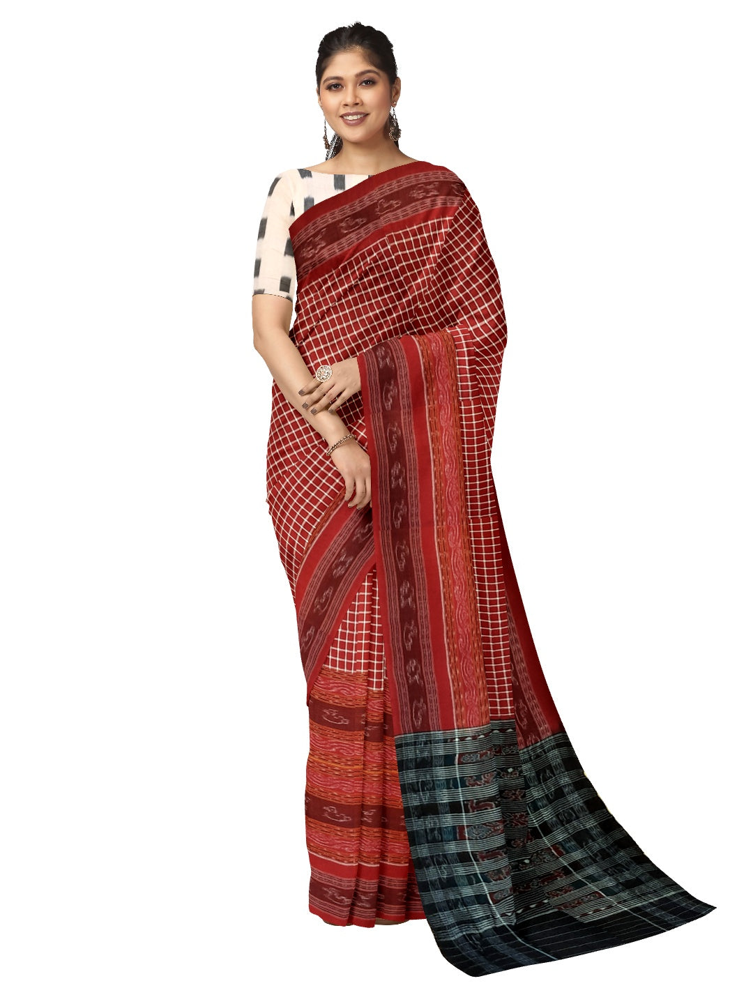 Maroon wide border Sambalpuri Sachipar Cotton Saree with mix match blouse piece