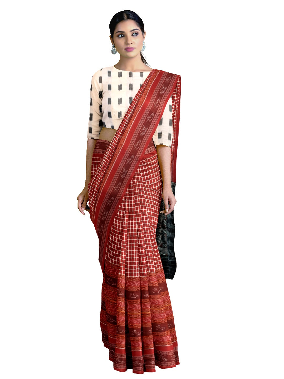 Maroon wide border Sambalpuri Sachipar Cotton Saree with mix match blouse piece