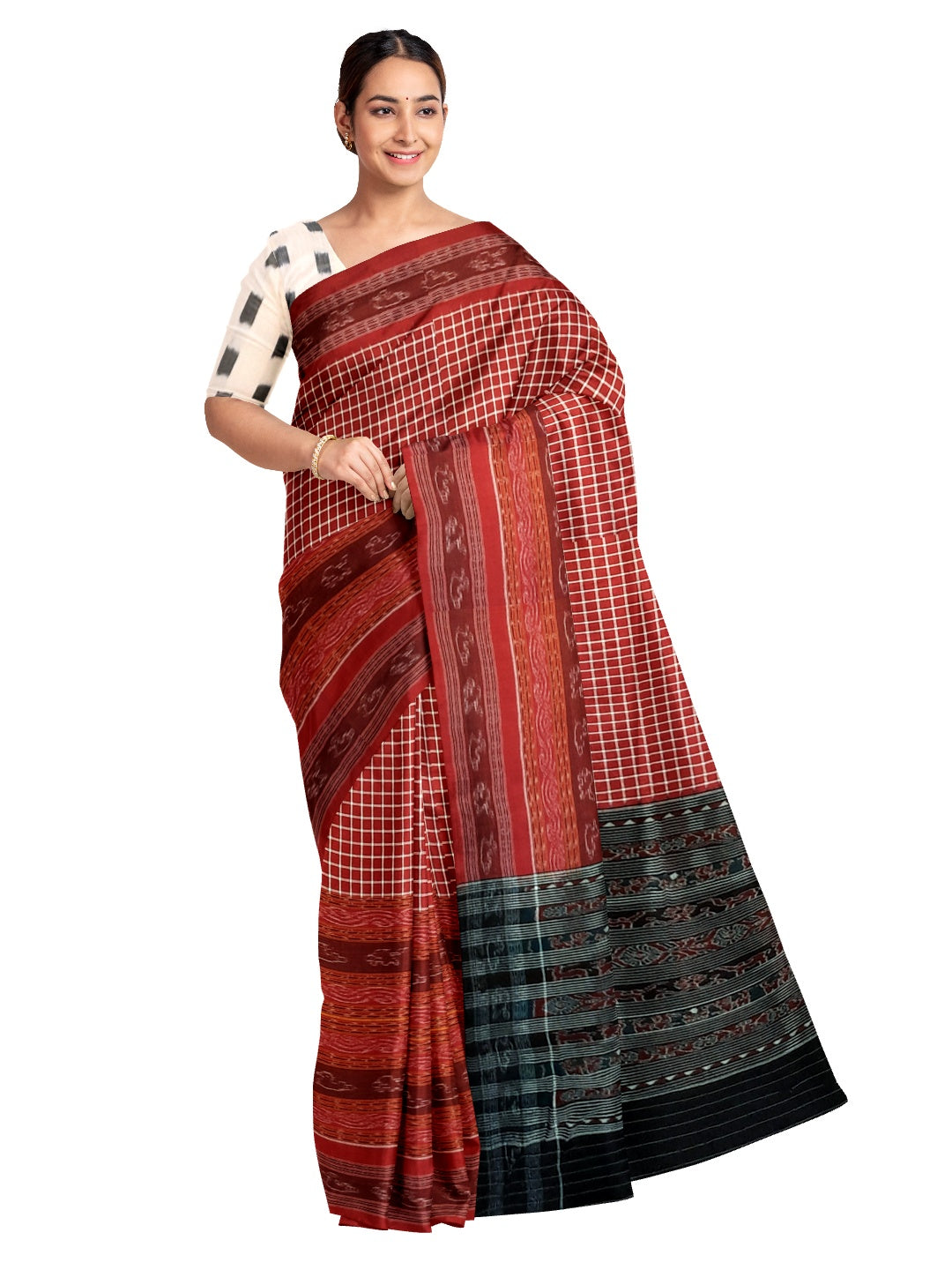 Maroon wide border Sambalpuri Sachipar Cotton Saree with mix match blouse piece
