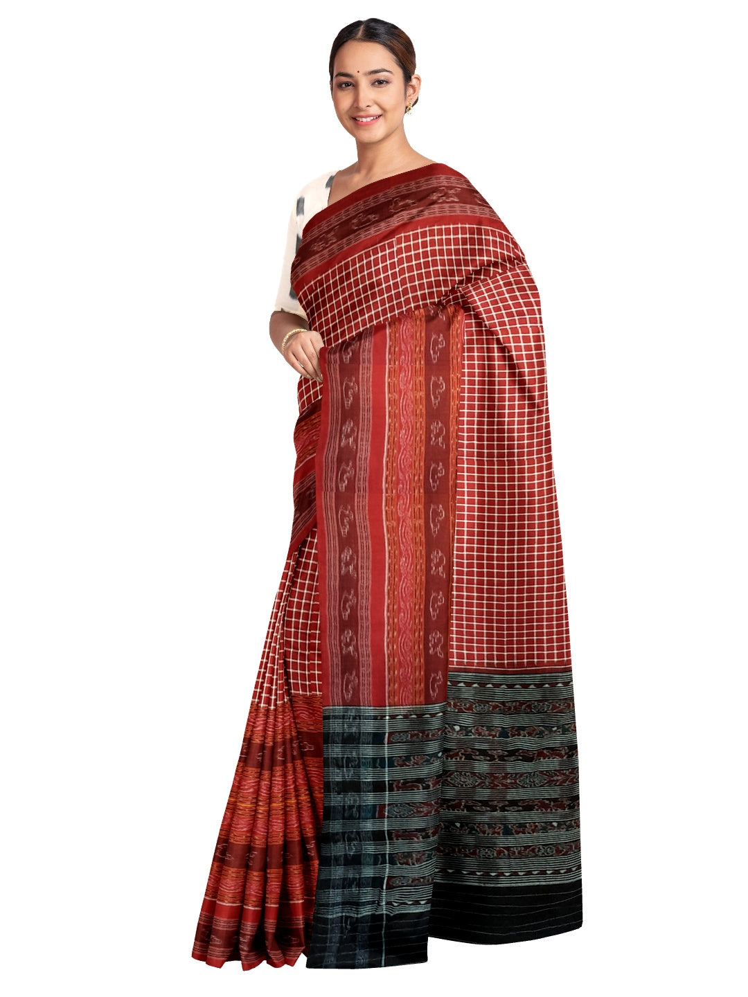 Maroon wide border Sambalpuri Sachipar Cotton Saree with mix match blouse piece