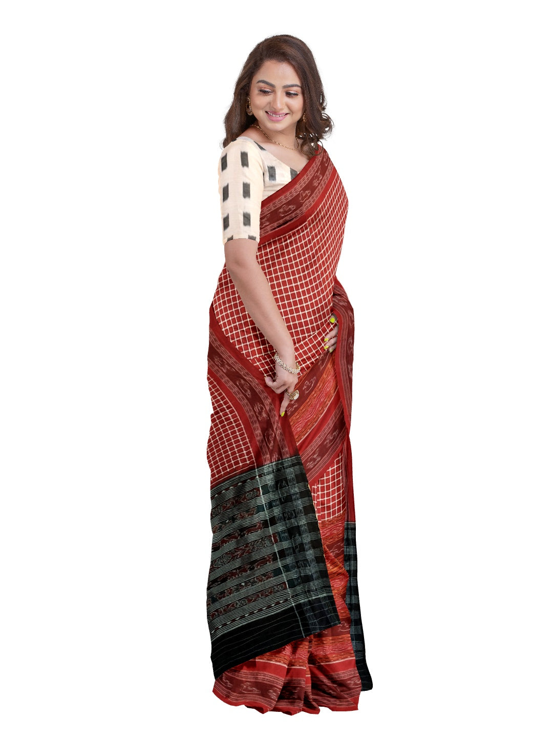 Maroon wide border Sambalpuri Sachipar Cotton Saree with mix match blouse piece
