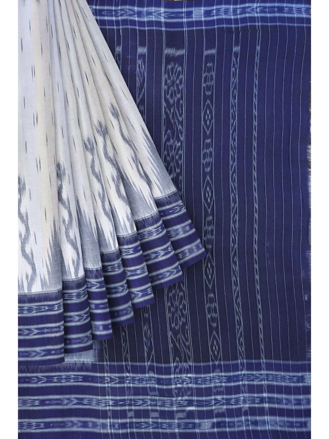 White and Blue wide border Cotton Odisha Ikat saree with mix match cotton ikat blouse