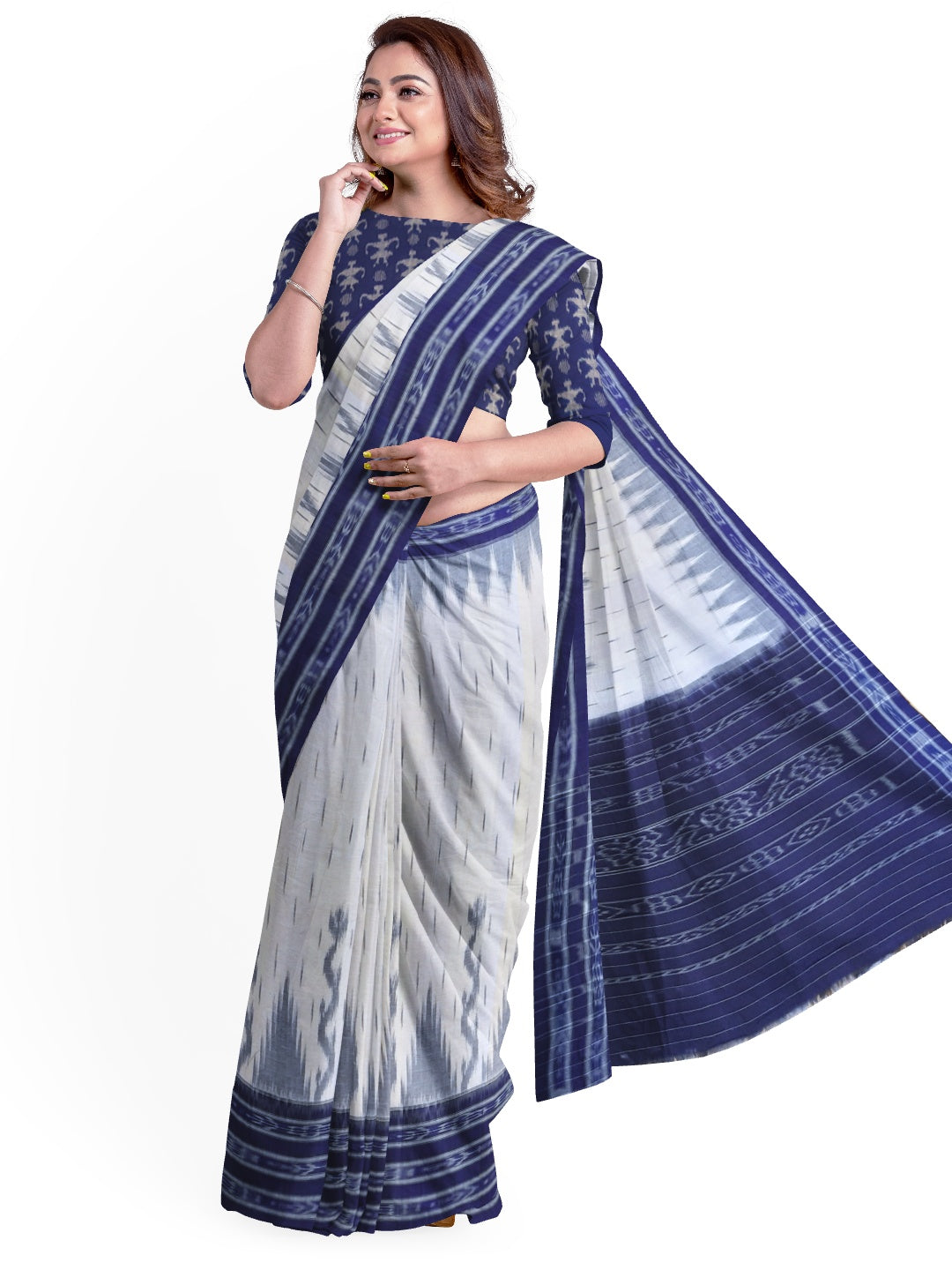 White and Blue wide border Cotton Odisha Ikat saree with mix match cotton ikat blouse