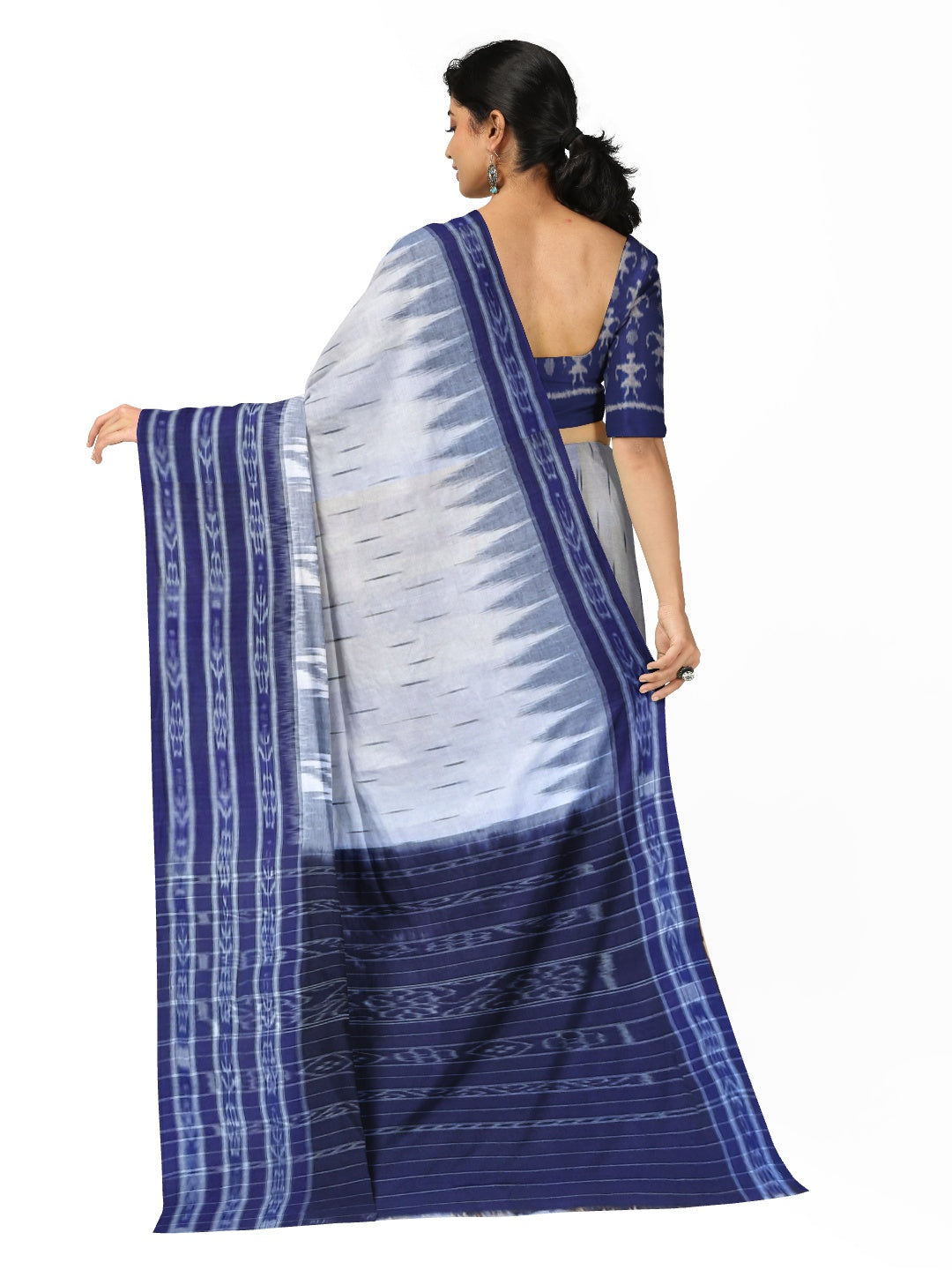 White and Blue wide border Cotton Odisha Ikat saree with mix match cotton ikat blouse
