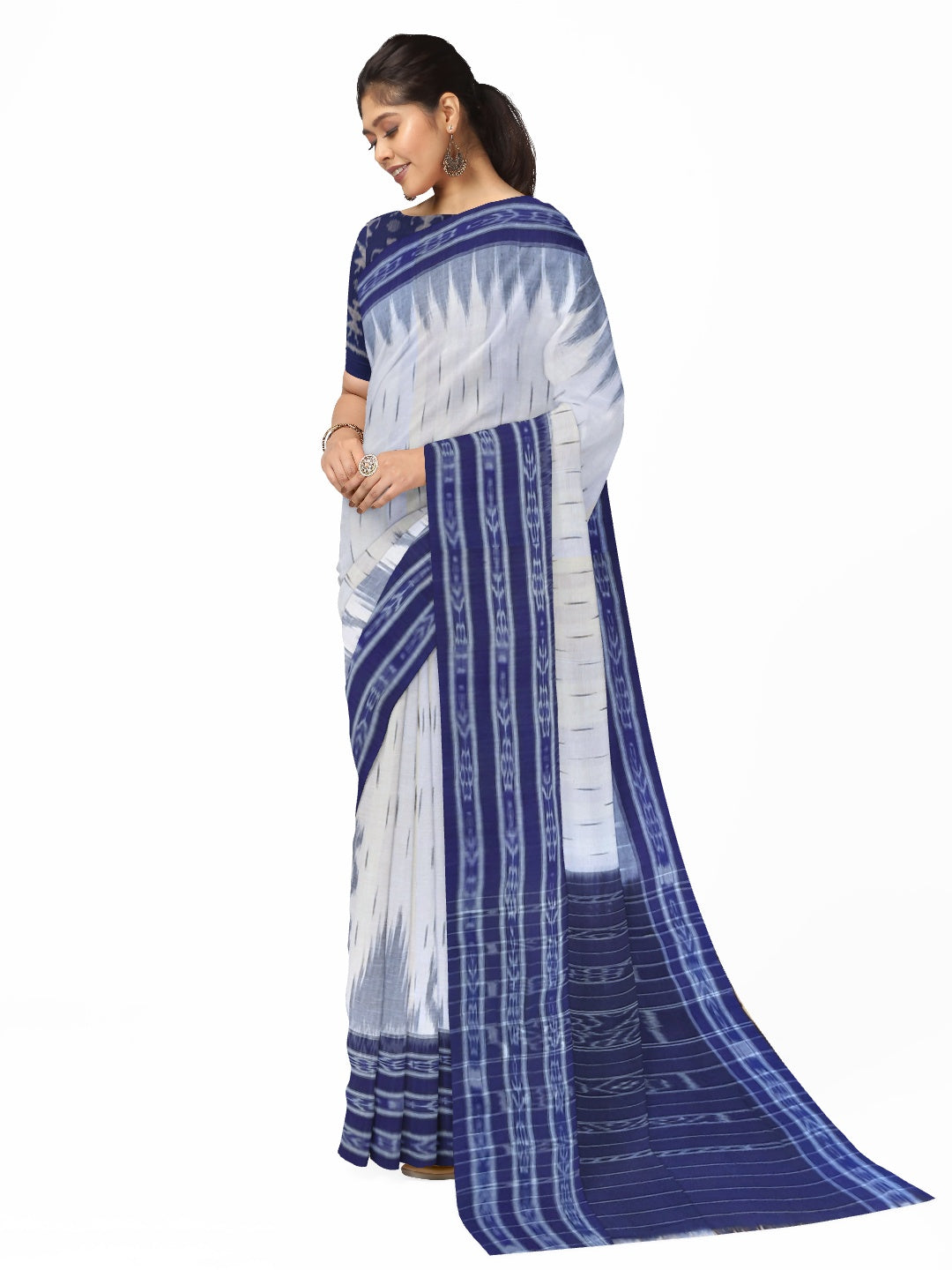 White and Blue wide border Cotton Odisha Ikat saree with mix match cotton ikat blouse