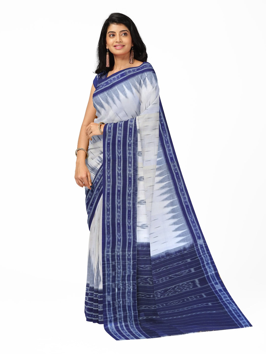 White and Blue wide border Cotton Odisha Ikat saree with mix match cotton ikat blouse