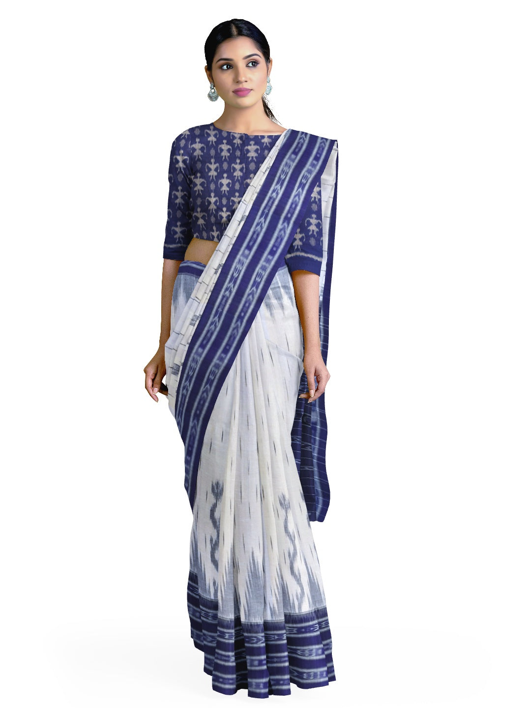 White and Blue wide border Cotton Odisha Ikat saree with mix match cotton ikat blouse