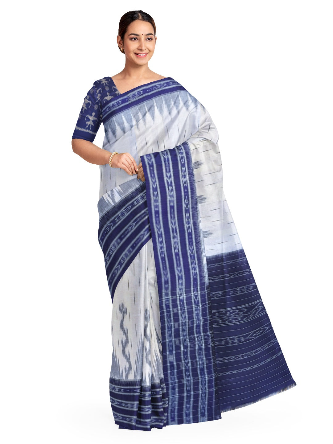 White and Blue wide border Cotton Odisha Ikat saree with mix match cotton ikat blouse
