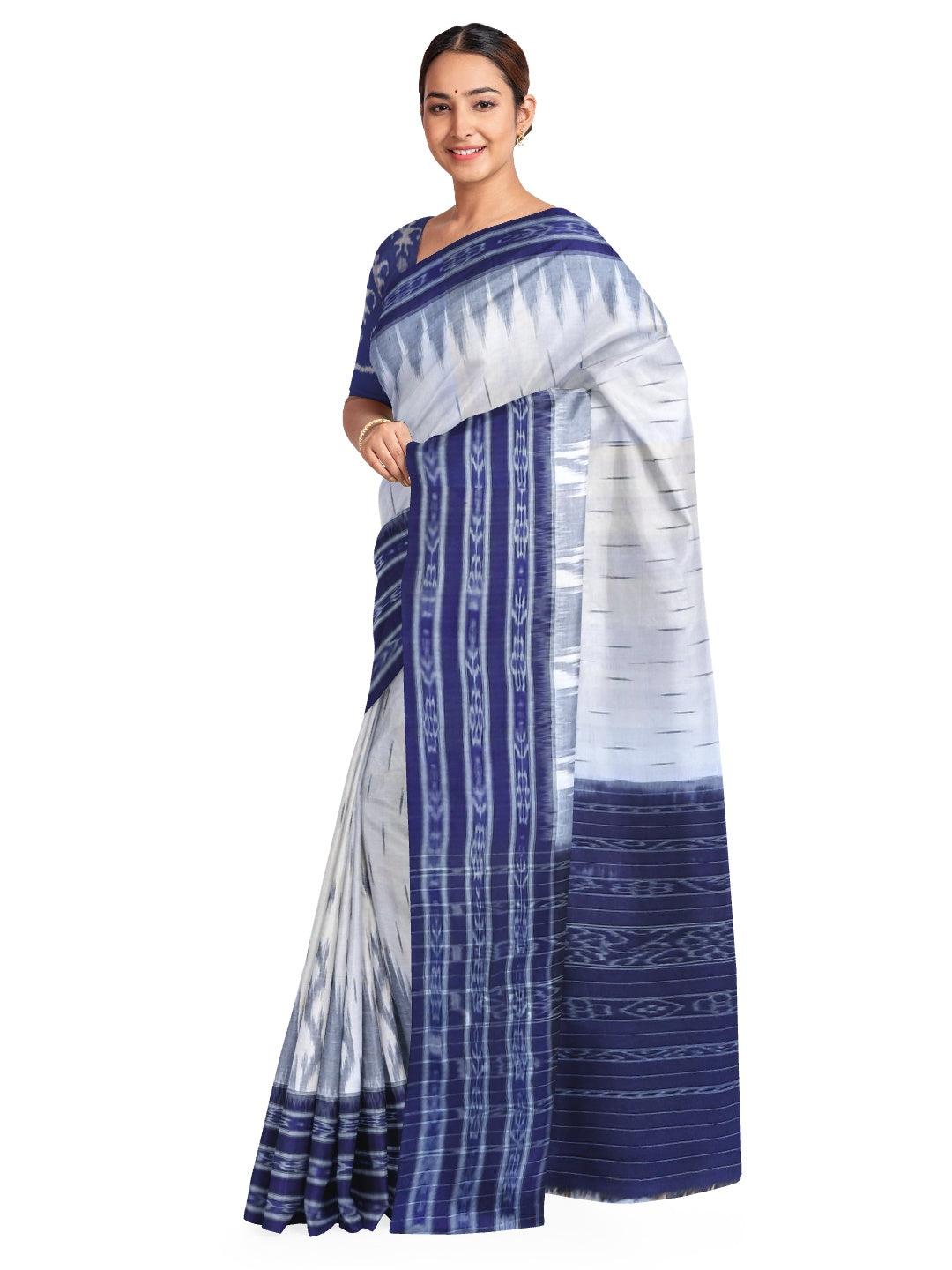 White and Blue wide border Cotton Odisha Ikat saree with mix match cotton ikat blouse