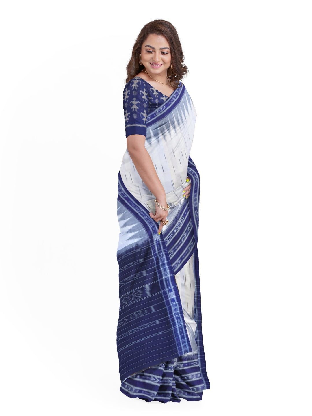 White and Blue wide border Cotton Odisha Ikat saree with mix match cotton ikat blouse