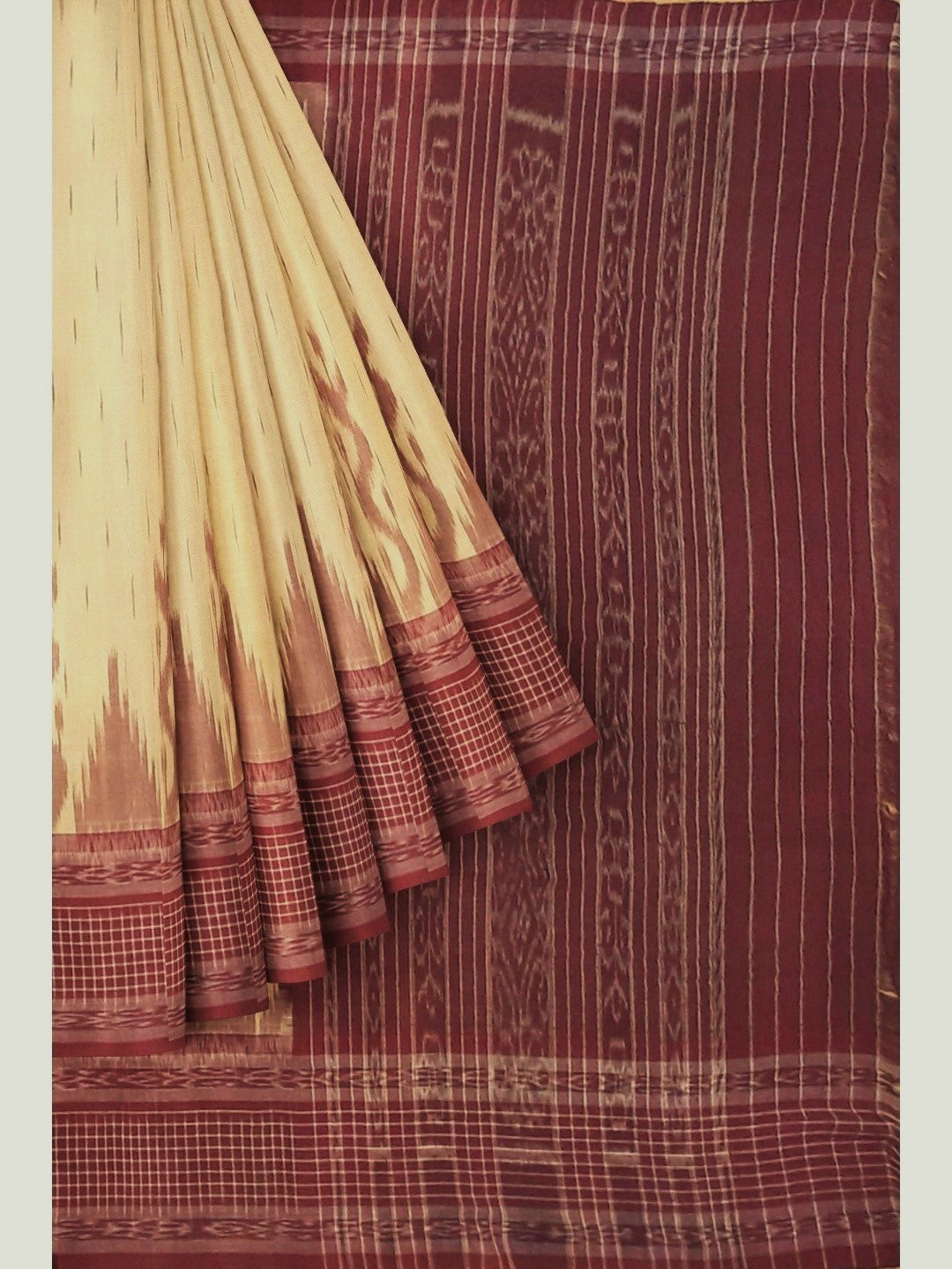 Beige with Maroon wide border Cotton Odisha Ikat saree with mix match cotton ikat blouse