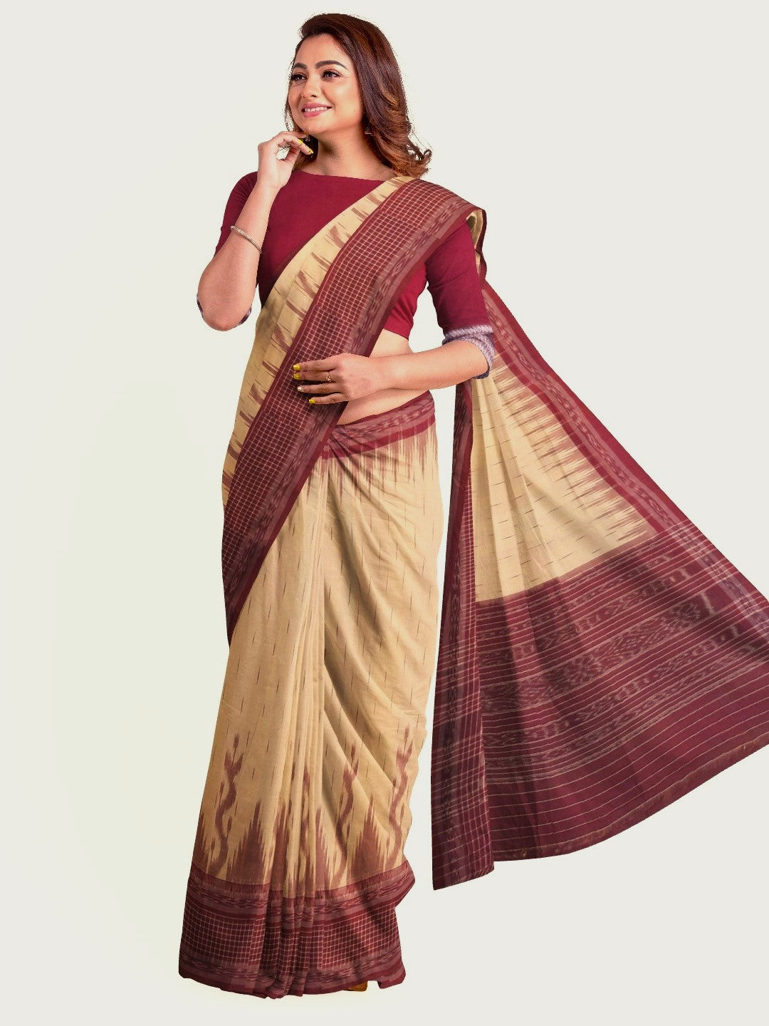 Beige with Maroon wide border Cotton Odisha Ikat saree with mix match cotton ikat blouse