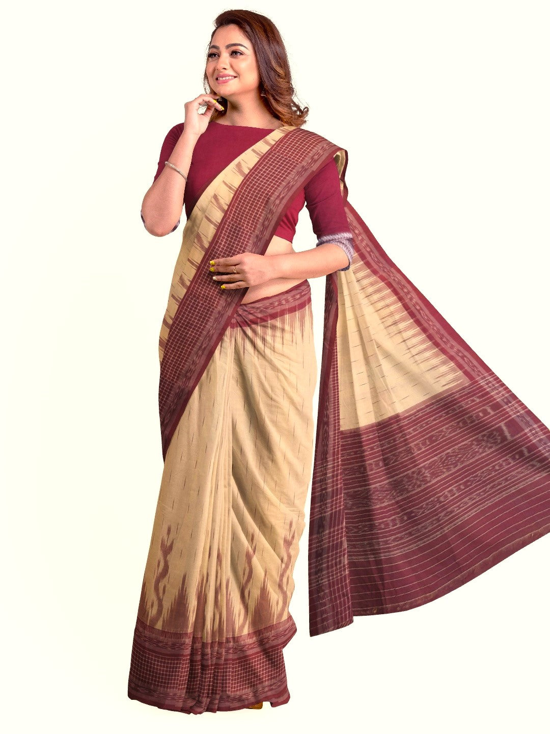 Beige with Maroon wide border Cotton Odisha Ikat saree with mix match cotton ikat blouse