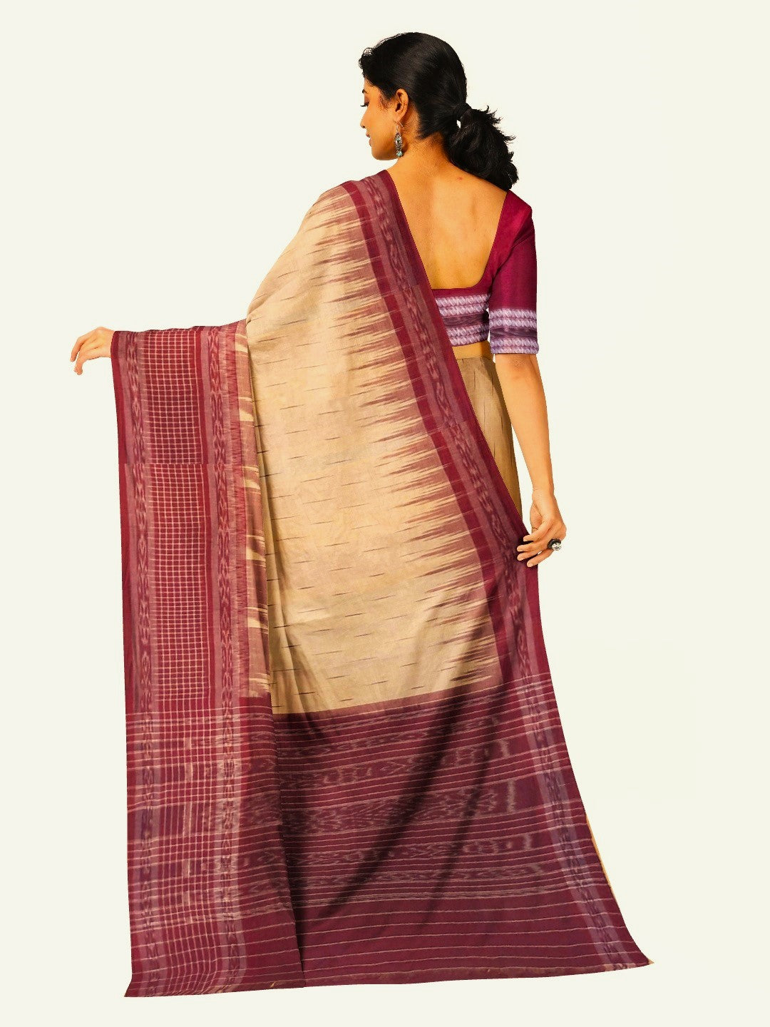 Beige with Maroon wide border Cotton Odisha Ikat saree with mix match cotton ikat blouse