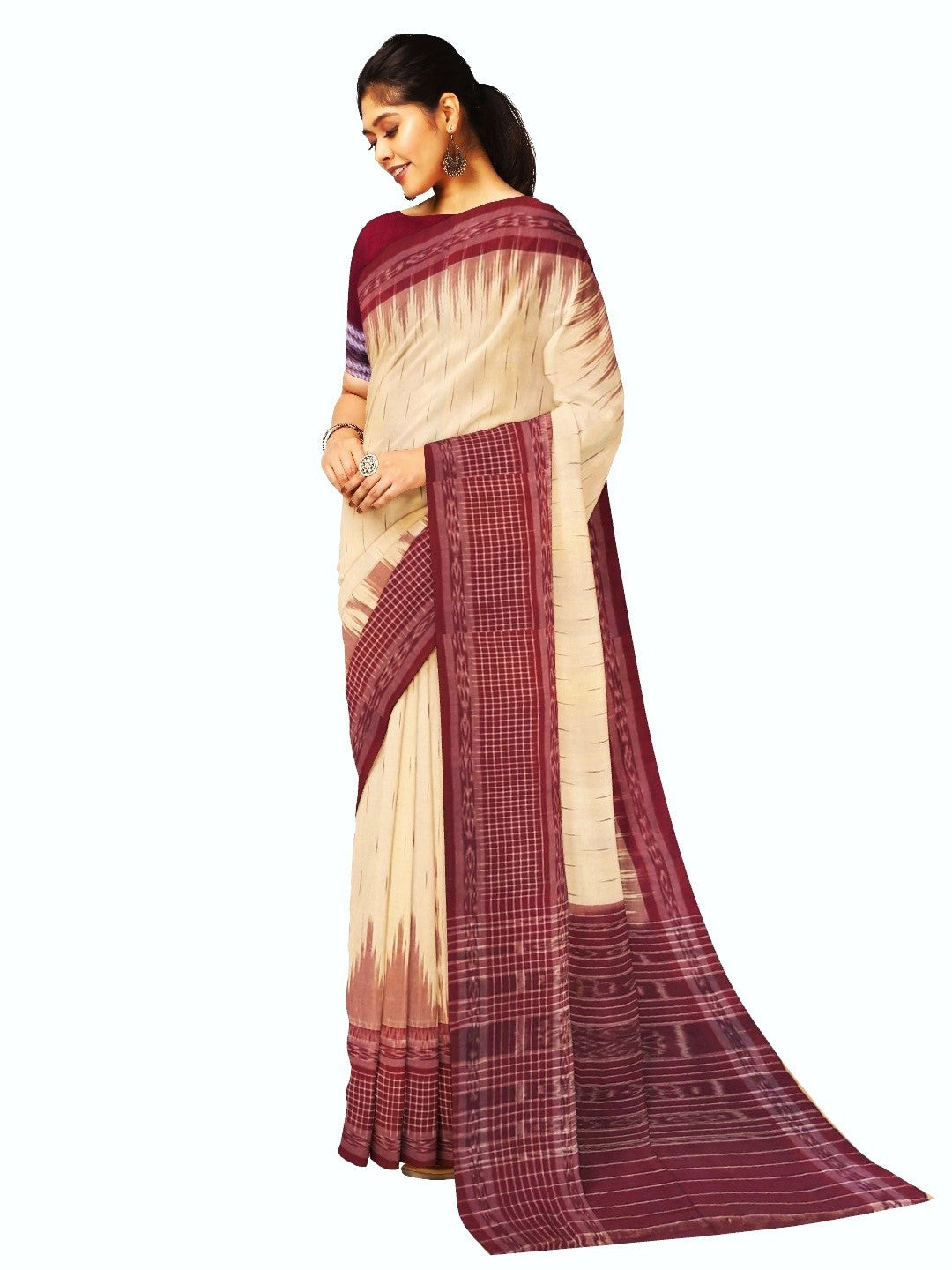 Beige with Maroon wide border Cotton Odisha Ikat saree with mix match cotton ikat blouse
