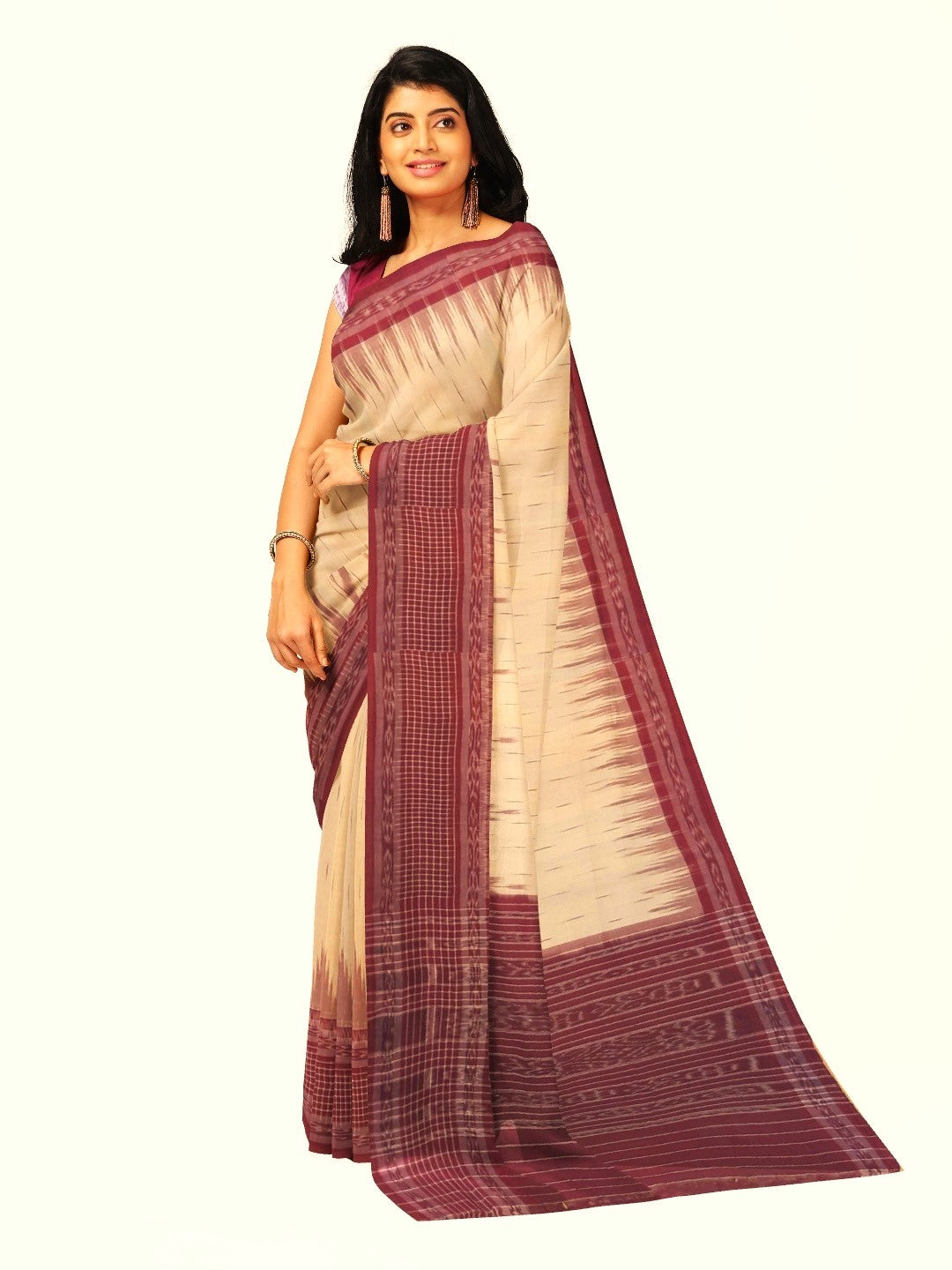 Beige with Maroon wide border Cotton Odisha Ikat saree with mix match cotton ikat blouse
