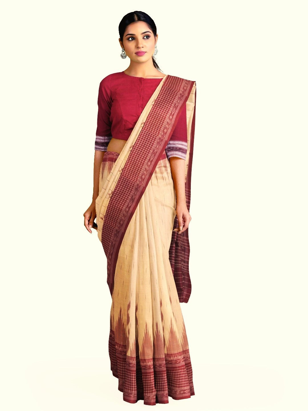 Beige with Maroon wide border Cotton Odisha Ikat saree with mix match cotton ikat blouse