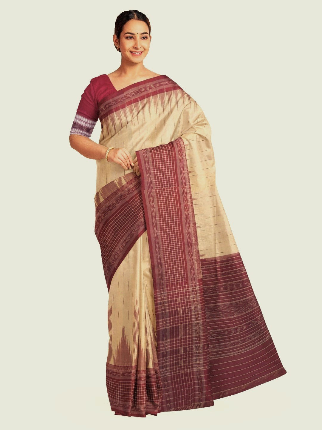 Beige with Maroon wide border Cotton Odisha Ikat saree with mix match cotton ikat blouse