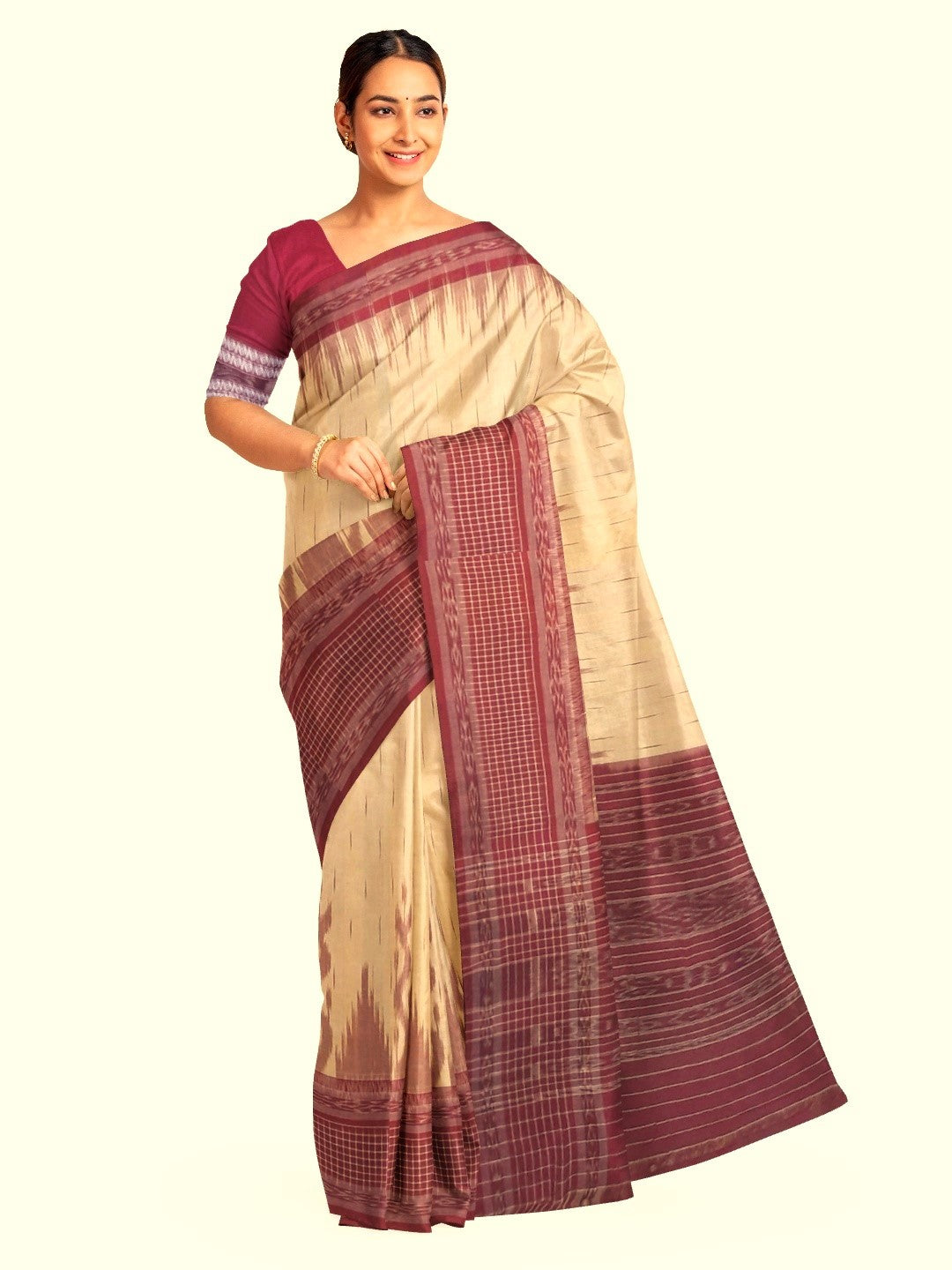 Beige with Maroon wide border Cotton Odisha Ikat saree with mix match cotton ikat blouse