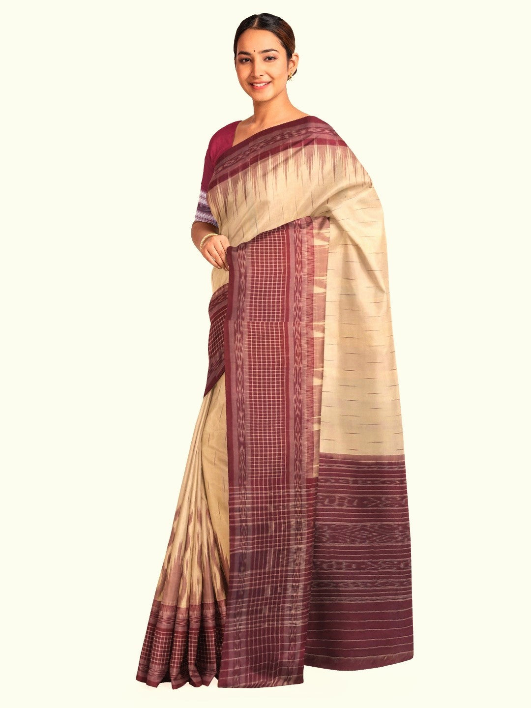 Beige with Maroon wide border Cotton Odisha Ikat saree with mix match cotton ikat blouse