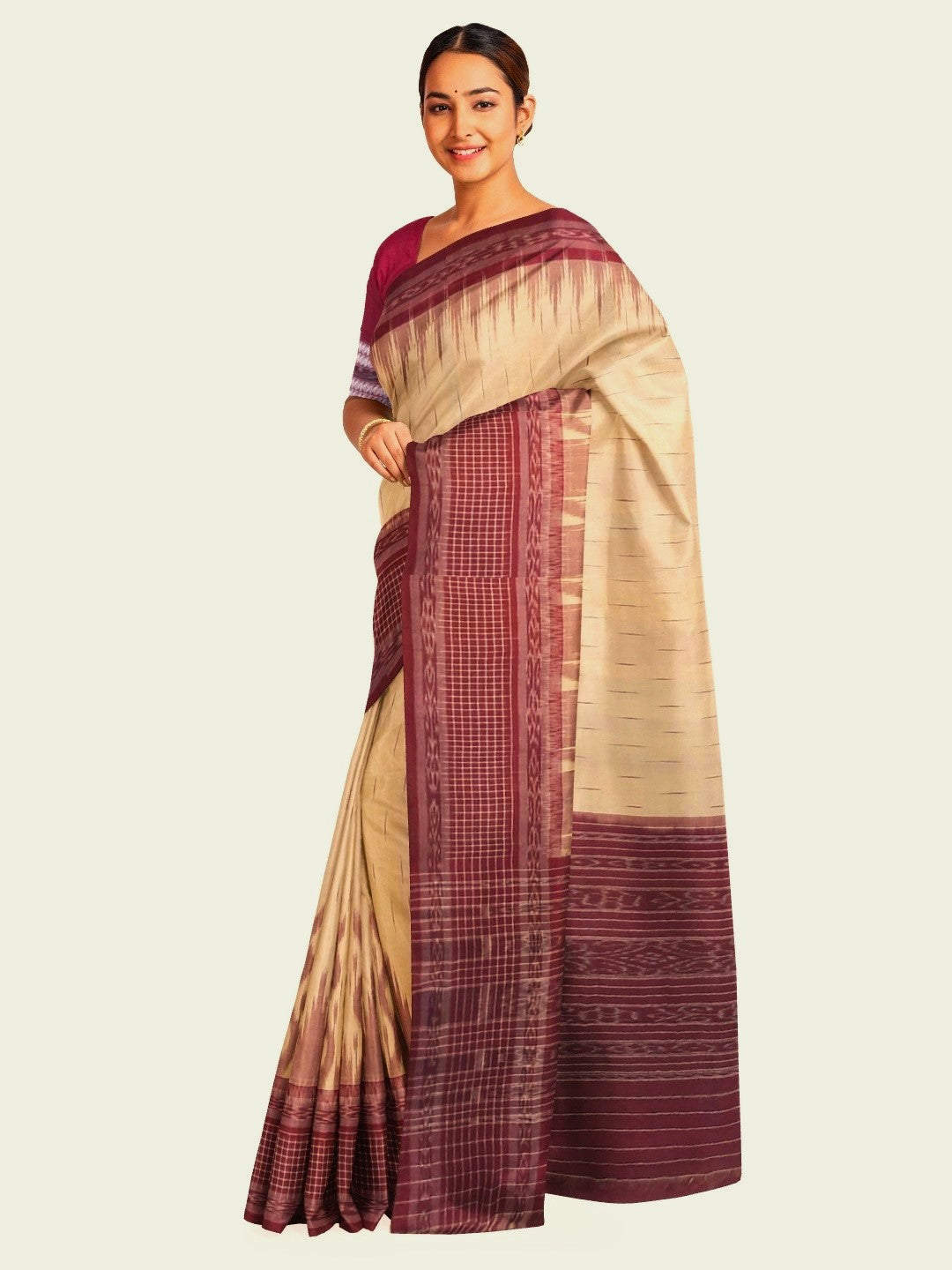 Beige with Maroon wide border Cotton Odisha Ikat saree with mix match cotton ikat blouse