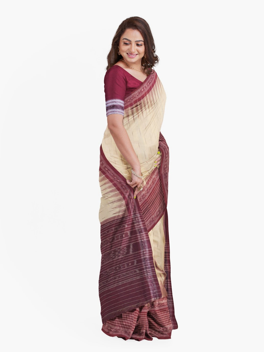 Beige with Maroon wide border Cotton Odisha Ikat saree with mix match cotton ikat blouse
