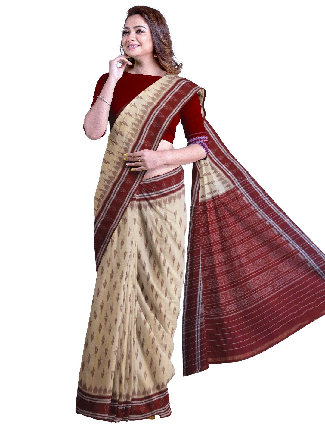 Beige with Maroon border Cotton Odisha Ikat saree with mix match cotton ikat blouse