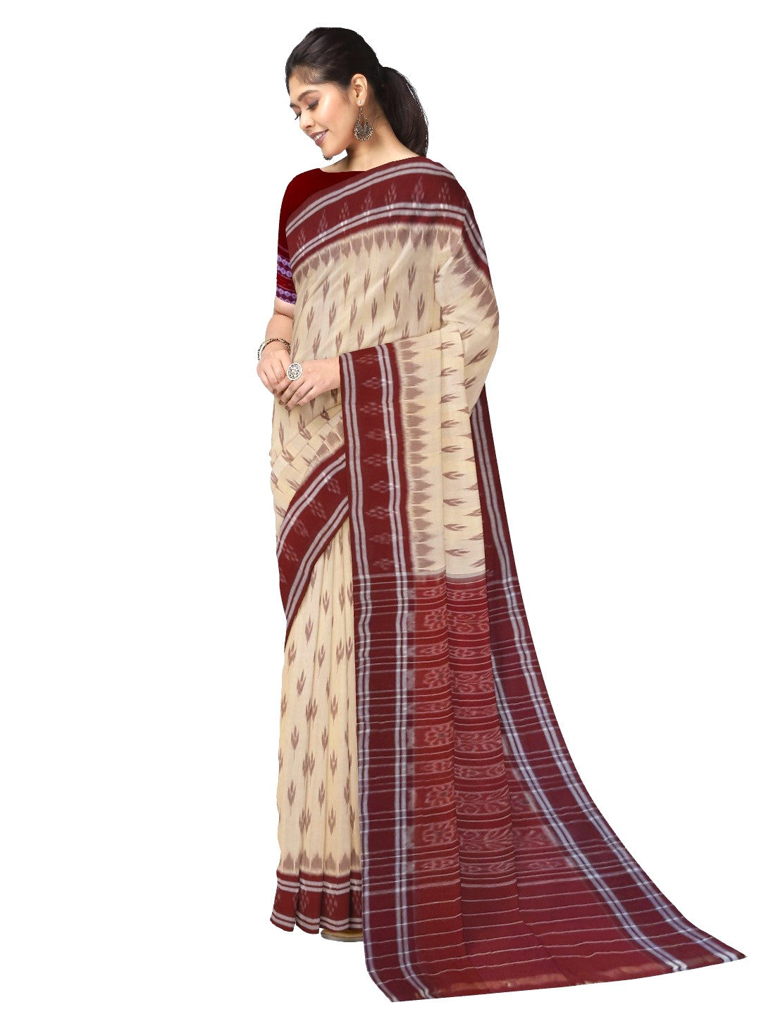 Beige with Maroon border Cotton Odisha Ikat saree with mix match cotton ikat blouse