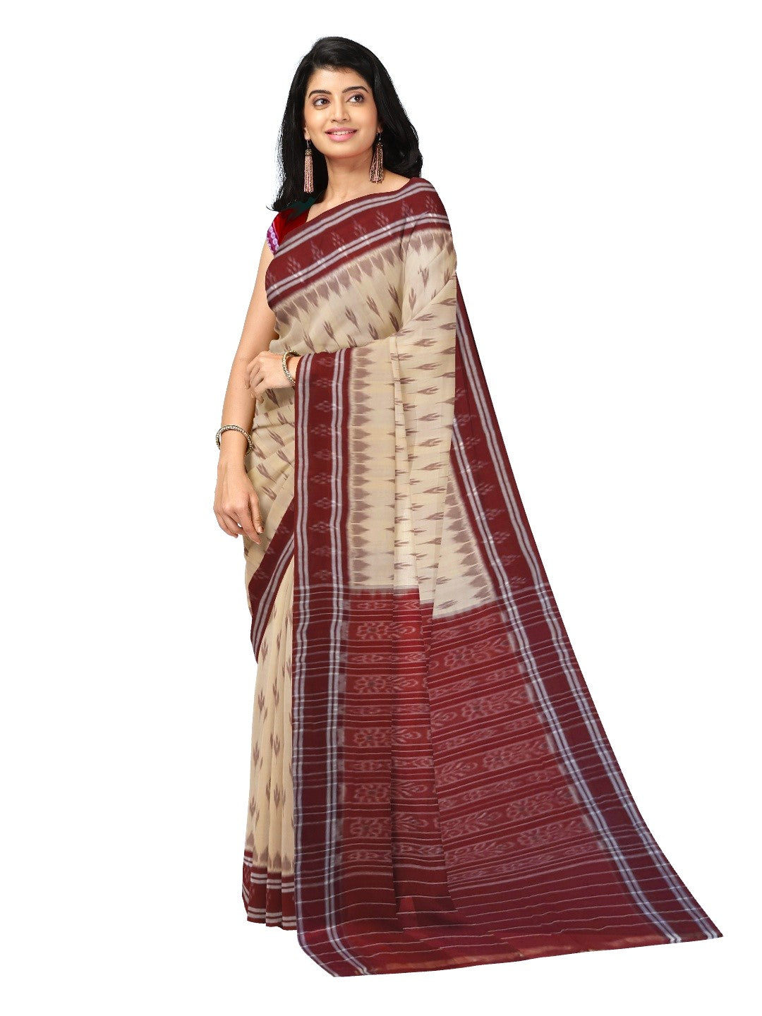 Beige with Maroon border Cotton Odisha Ikat saree with mix match cotton ikat blouse