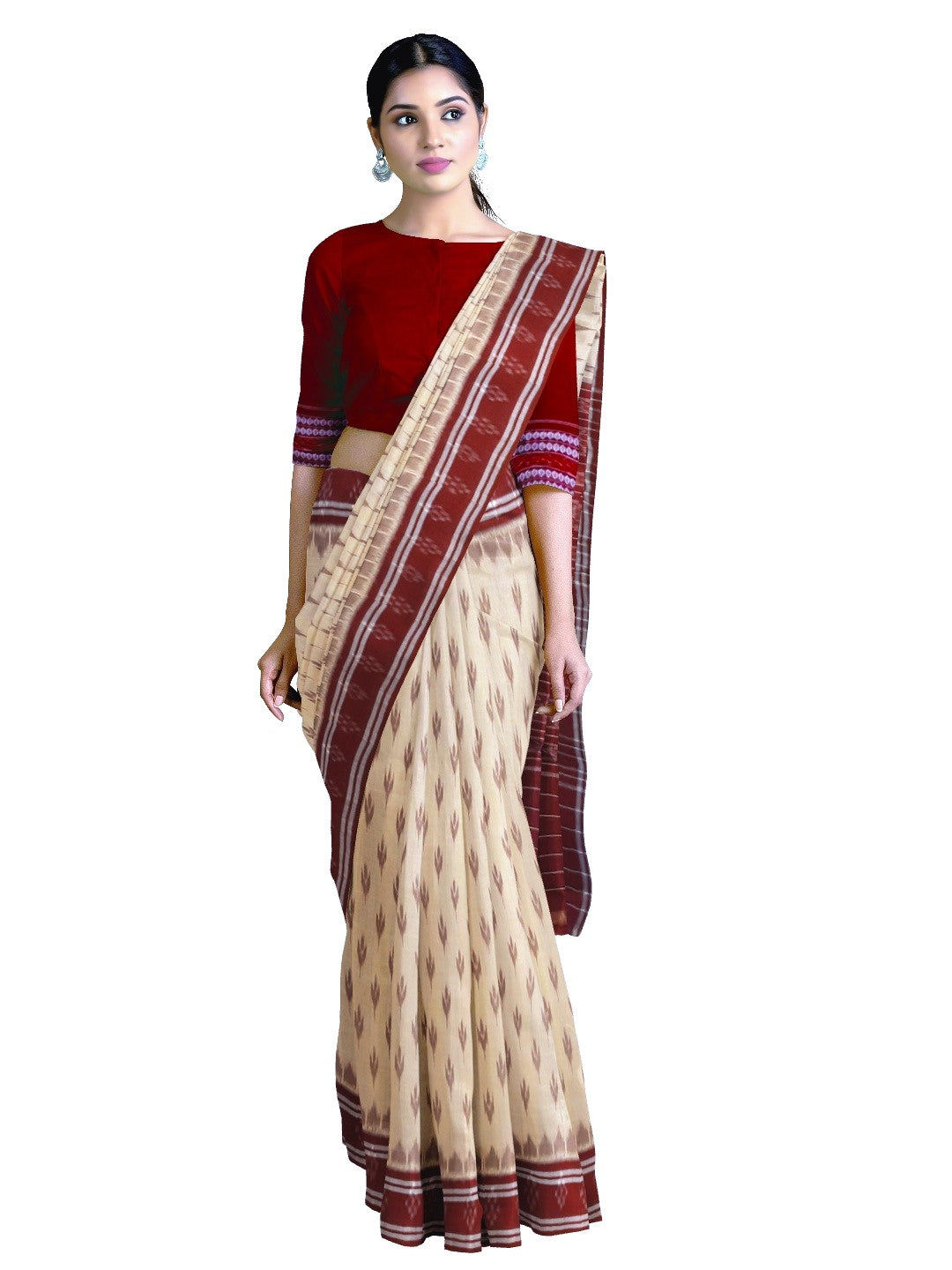 Beige with Maroon border Cotton Odisha Ikat saree with mix match cotton ikat blouse