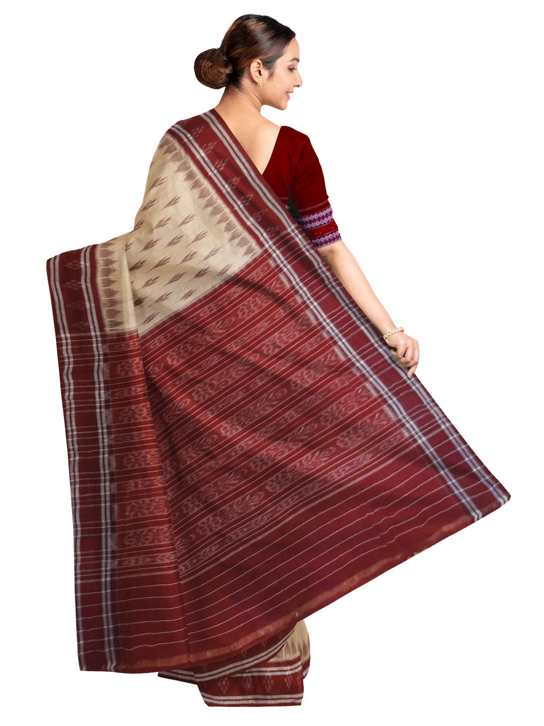 Beige with Maroon border Cotton Odisha Ikat saree with mix match cotton ikat blouse