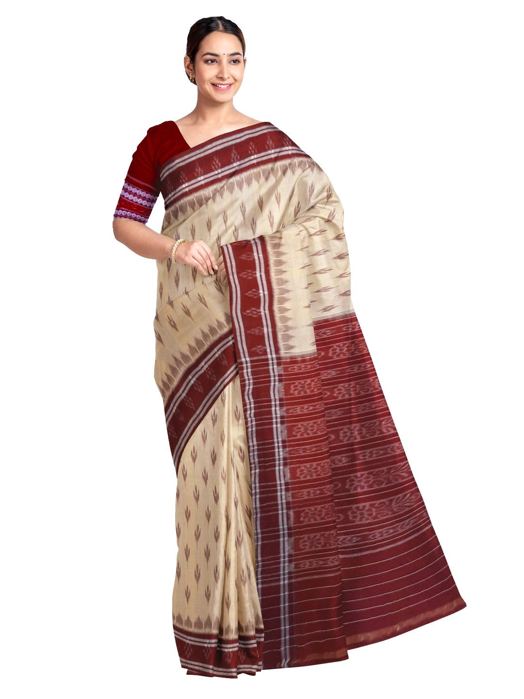 Beige with Maroon border Cotton Odisha Ikat saree with mix match cotton ikat blouse
