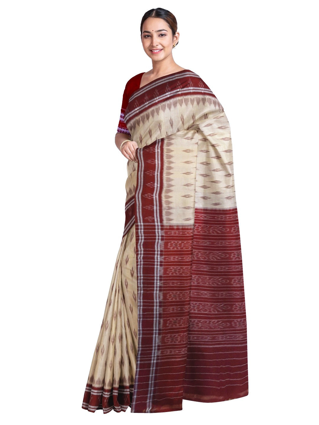 Beige with Maroon border Cotton Odisha Ikat saree with mix match cotton ikat blouse