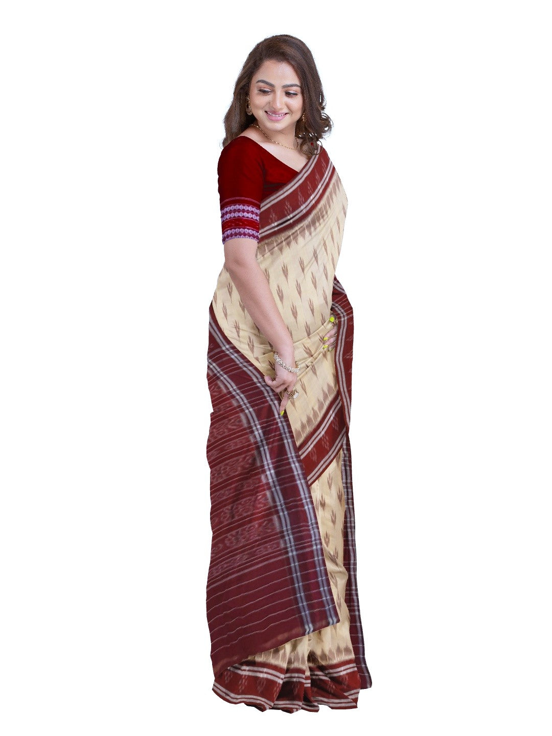 Beige with Maroon border Cotton Odisha Ikat saree with mix match cotton ikat blouse