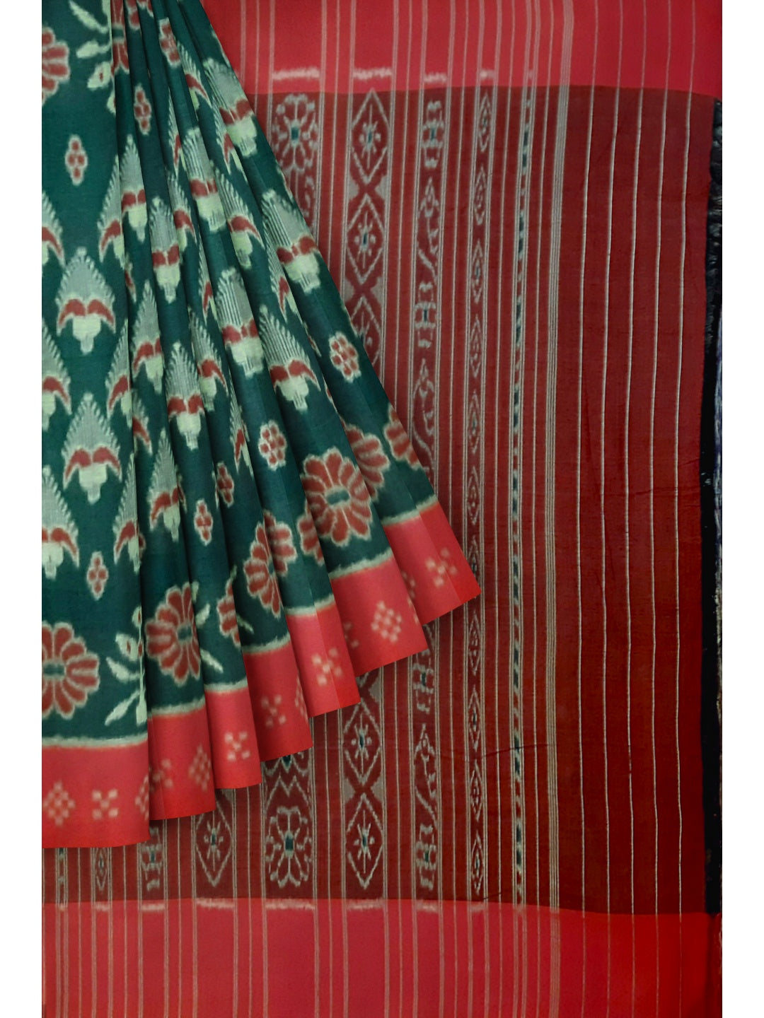 Green and Red Cotton Odisha Ikat saree with mix match cotton ikat blouse piece