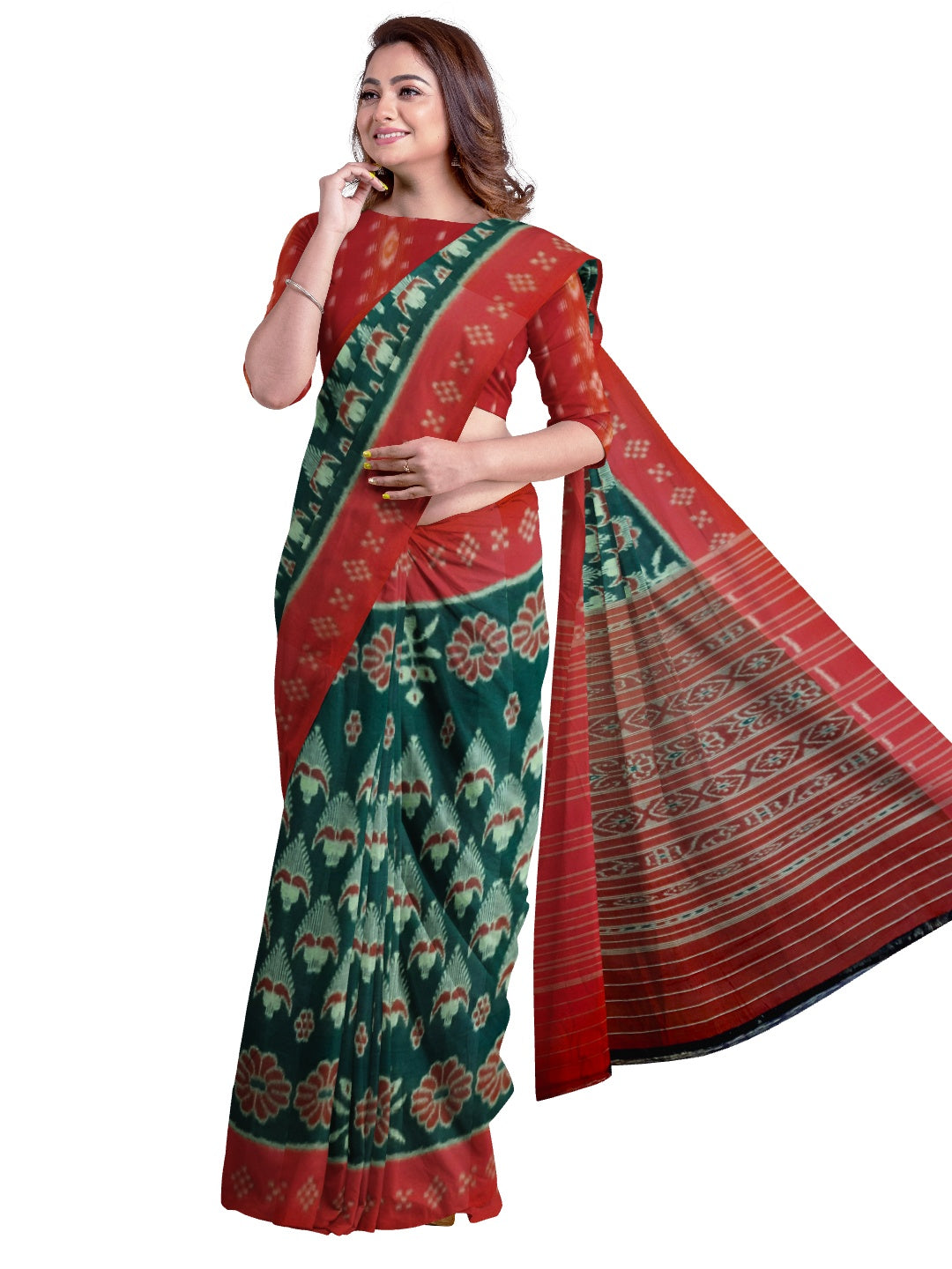 Green and Red Cotton Odisha Ikat saree with mix match cotton ikat blouse piece
