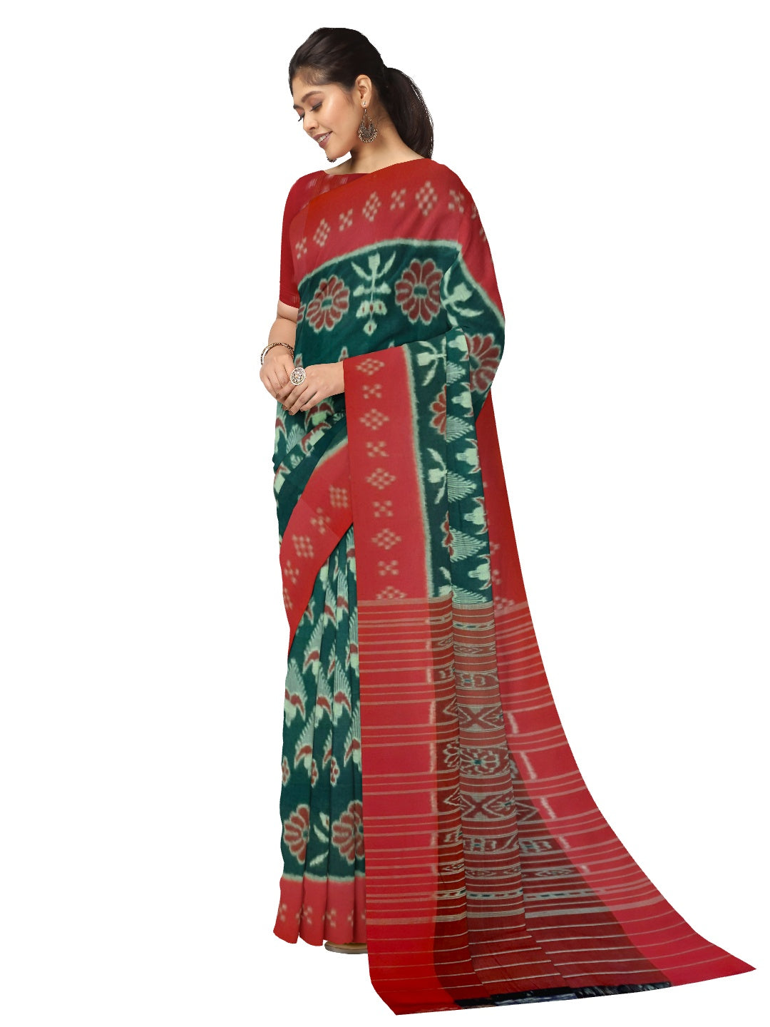 Green and Red Cotton Odisha Ikat saree with mix match cotton ikat blouse piece