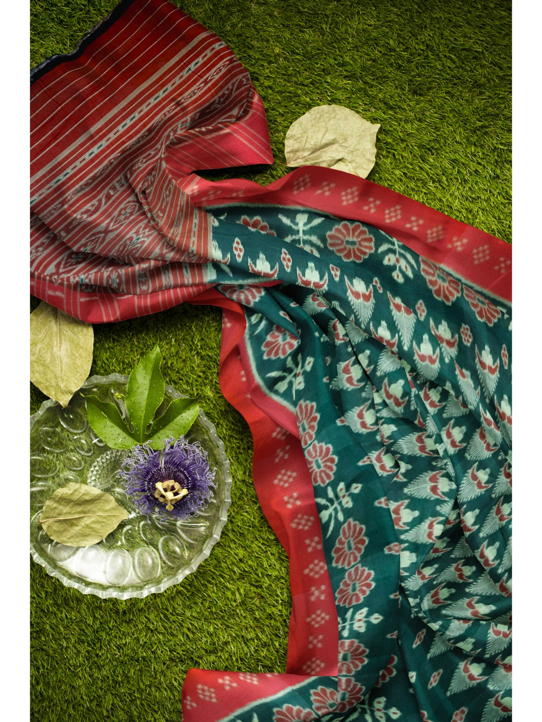 Green and Red Cotton Odisha Ikat saree with mix match cotton ikat blouse piece