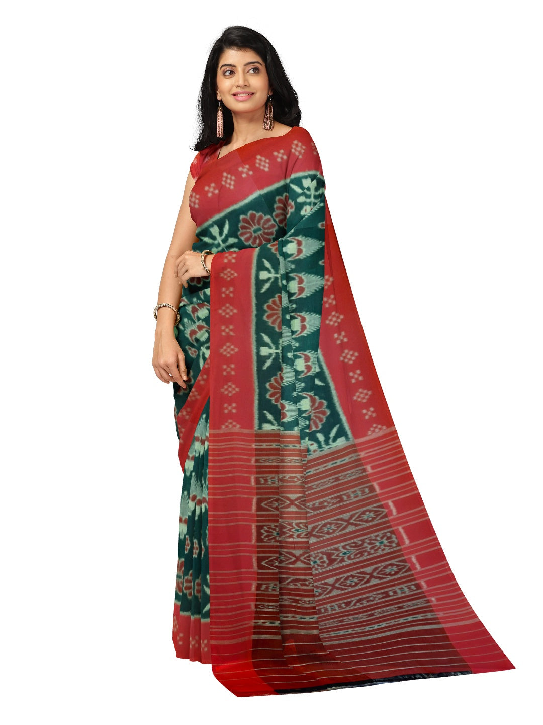 Green and Red Cotton Odisha Ikat saree with mix match cotton ikat blouse piece