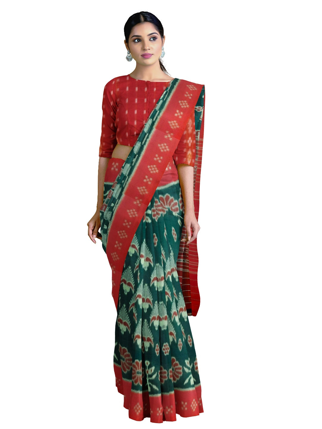 Green and Red Cotton Odisha Ikat saree with mix match cotton ikat blouse piece